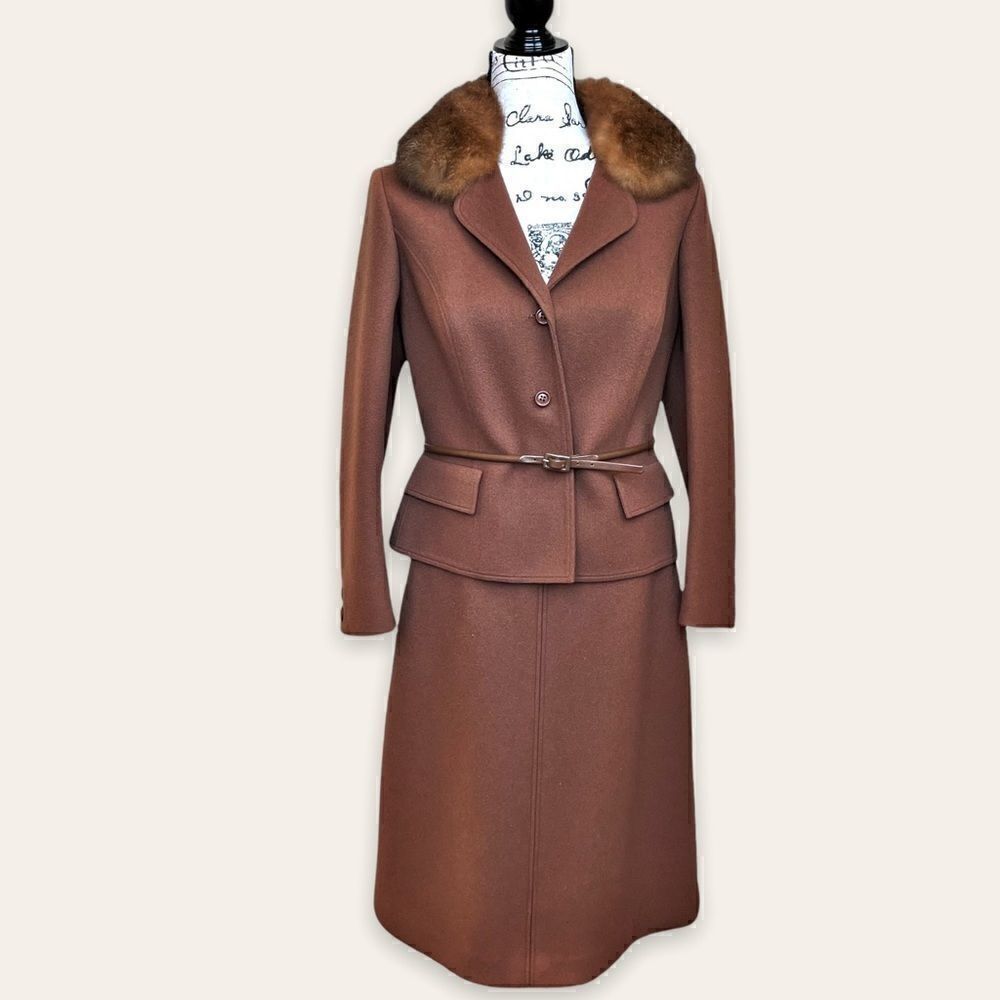 Women's Brown Wool Skirt Suit with Fur Collar